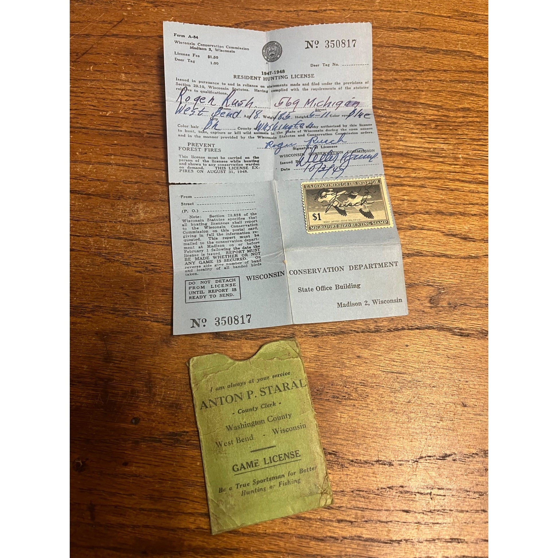 Vintage 1947-48 Wisconsin Game Hunting License, Stamp & Holder West Bend
