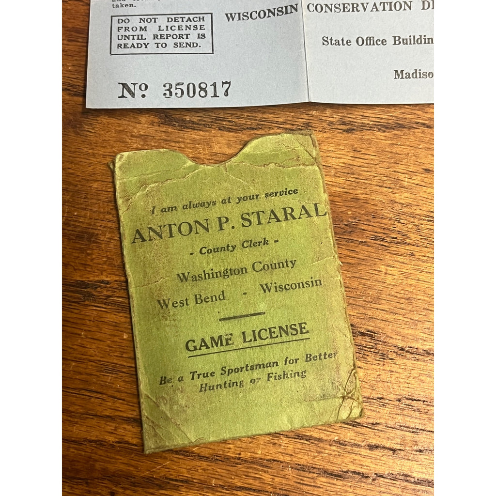 Vintage 1947-48 Wisconsin Game Hunting License, Stamp & Holder West Bend