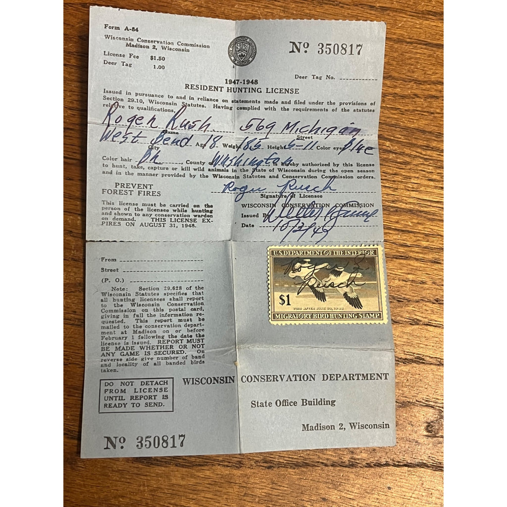 Vintage 1947-48 Wisconsin Game Hunting License, Stamp & Holder West Bend