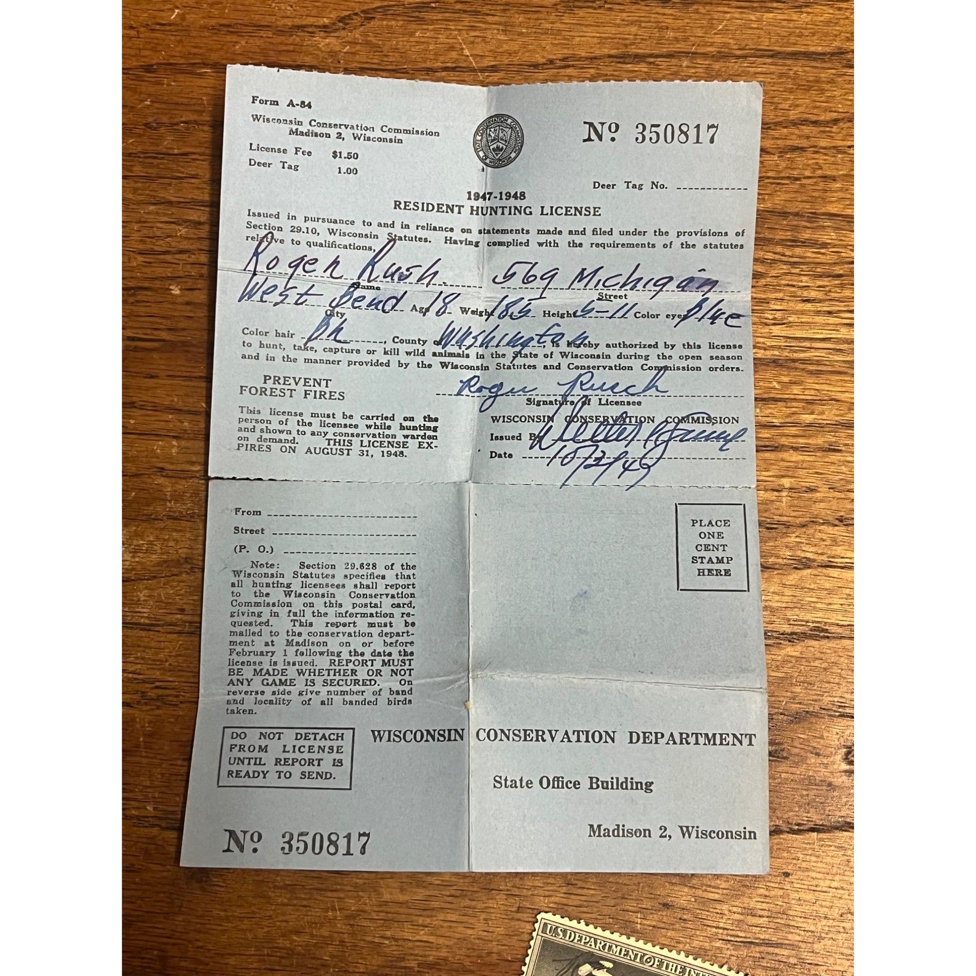 Vintage 1947-48 Wisconsin Game Hunting License, Stamp & Holder West Bend