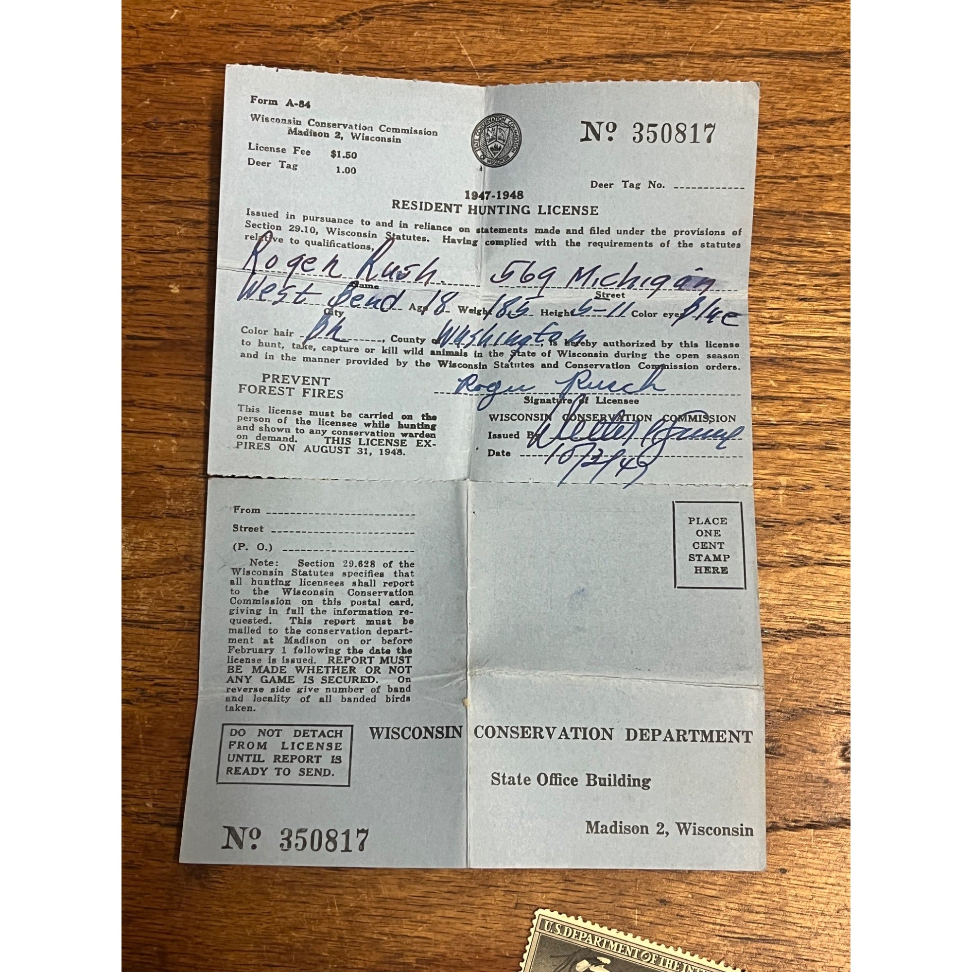 Vintage 1947-48 Wisconsin Game Hunting License, Stamp & Holder West Bend