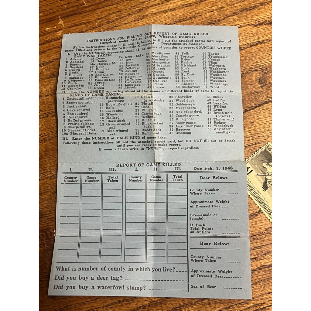 Vintage 1947-48 Wisconsin Game Hunting License, Stamp & Holder West Bend