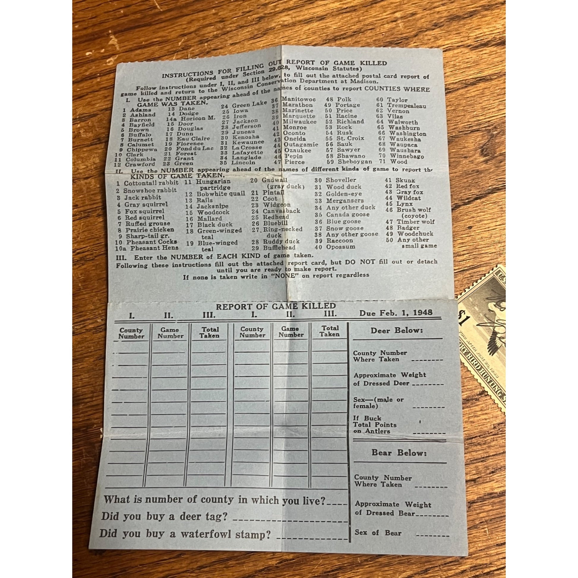 Vintage 1947-48 Wisconsin Game Hunting License, Stamp & Holder West Bend