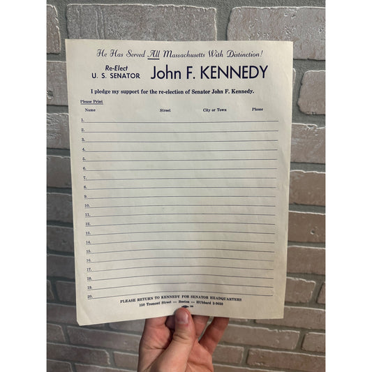 ORIGINAL 1958 SENATOR JOHN KENNEDY RE-ELECT PLEDGE SUPPORT FROM THE CAMPAIGN