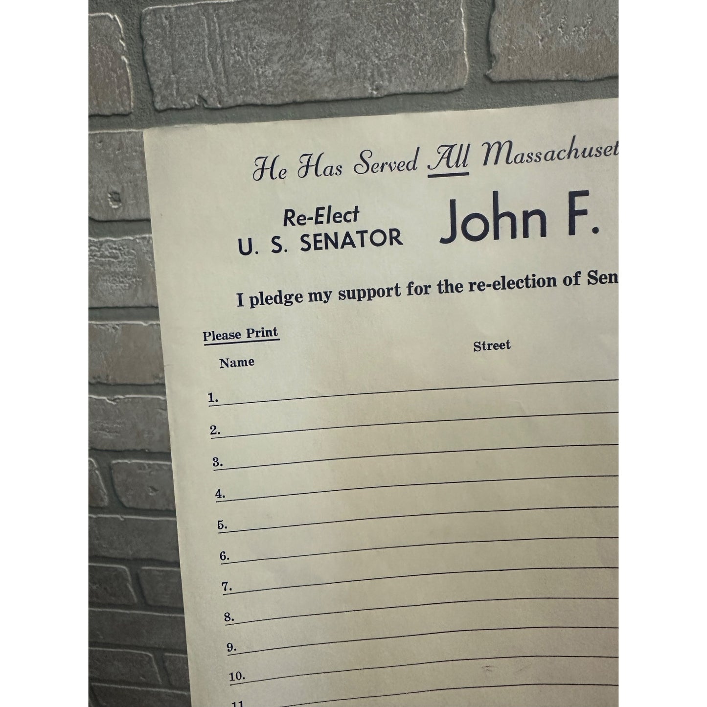 ORIGINAL 1958 SENATOR JOHN KENNEDY RE-ELECT PLEDGE SUPPORT FROM THE CAMPAIGN