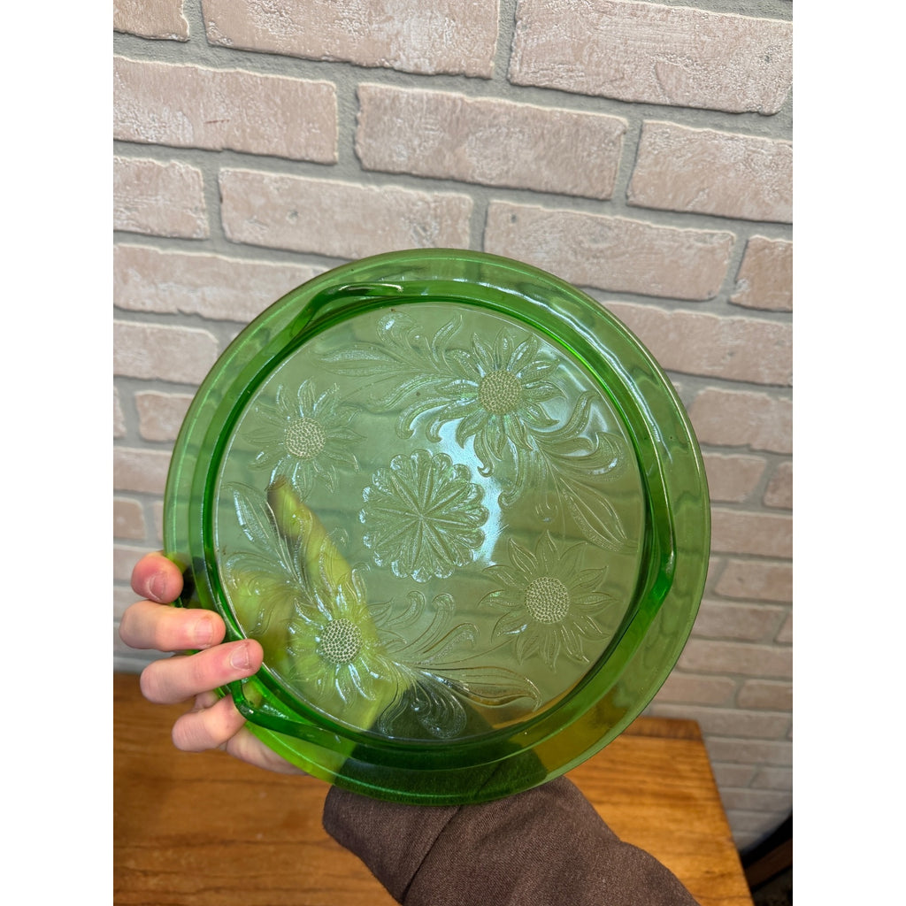 Green Jeannette Glass "Sunflower" Three-Toed Cake Plate Uranium Glass