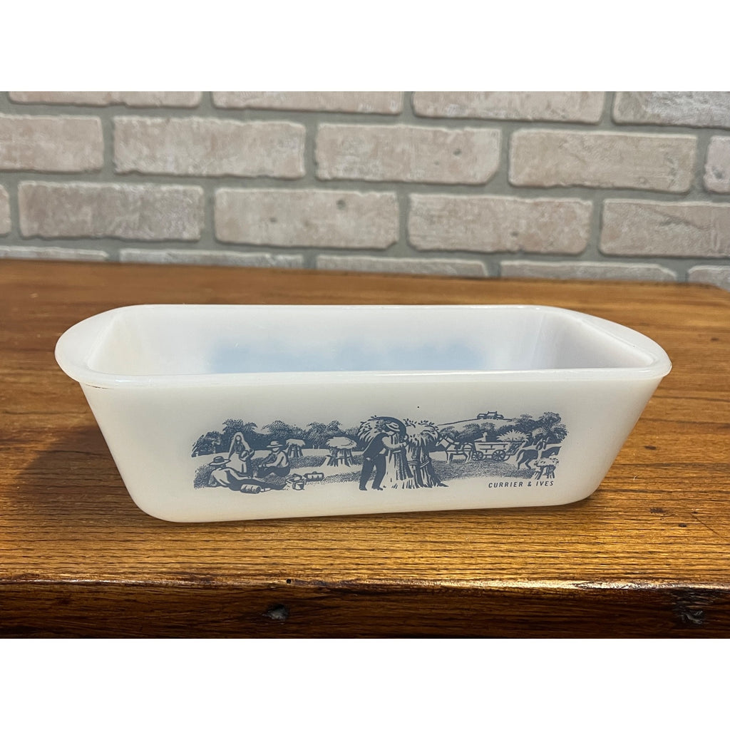 Vintage Currier & Ives Rectangular Baking Dish Loaf Pan Harvest Farm Scene Glasbake USA Milk Glass Ovenware Casserole