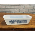 Vintage Currier & Ives Rectangular Baking Dish Loaf Pan Harvest Farm Scene Glasbake USA Milk Glass Ovenware Casserole