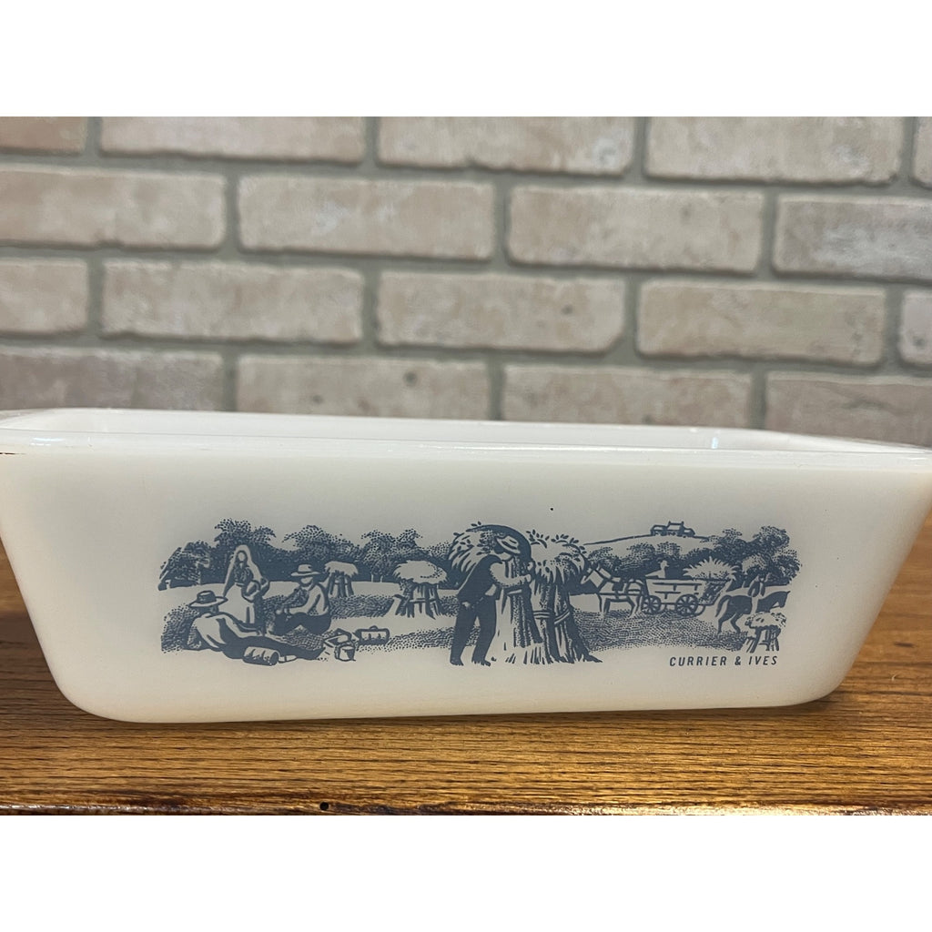 Vintage Currier & Ives Rectangular Baking Dish Loaf Pan Harvest Farm Scene Glasbake USA Milk Glass Ovenware Casserole