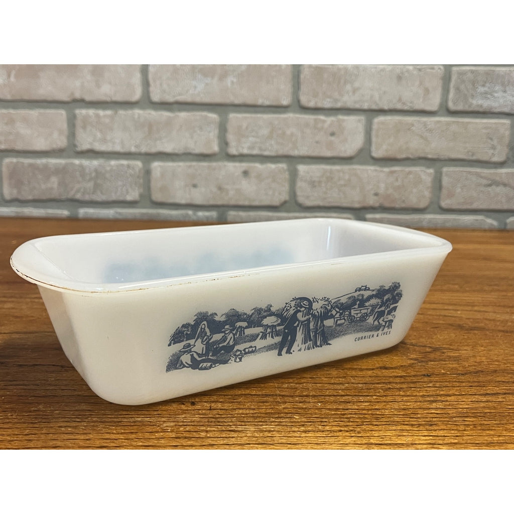 Vintage Currier & Ives Rectangular Baking Dish Loaf Pan Harvest Farm Scene Glasbake USA Milk Glass Ovenware Casserole