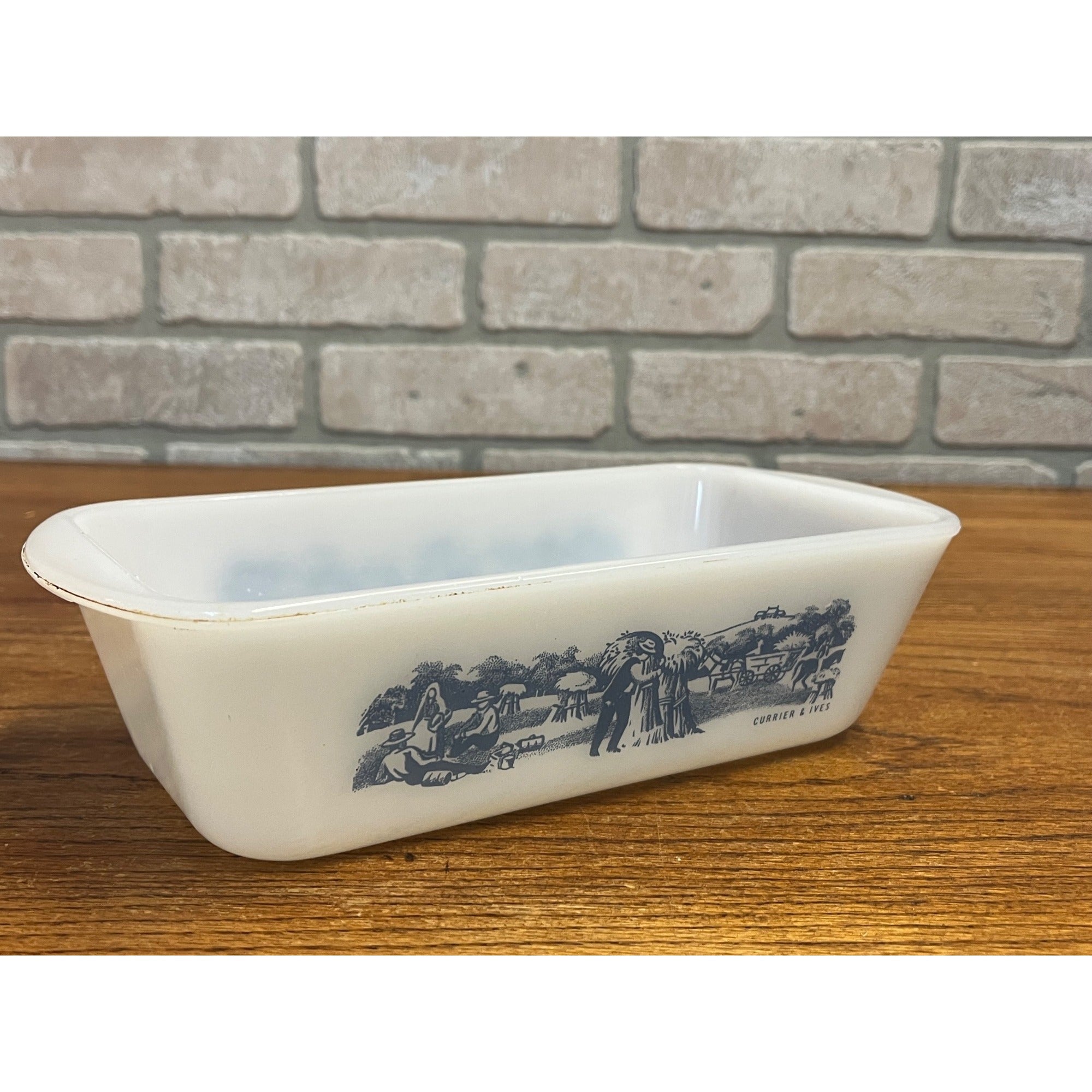 Vintage Currier & Ives Rectangular Baking Dish Loaf Pan Harvest Farm Scene Glasbake USA Milk Glass Ovenware Casserole
