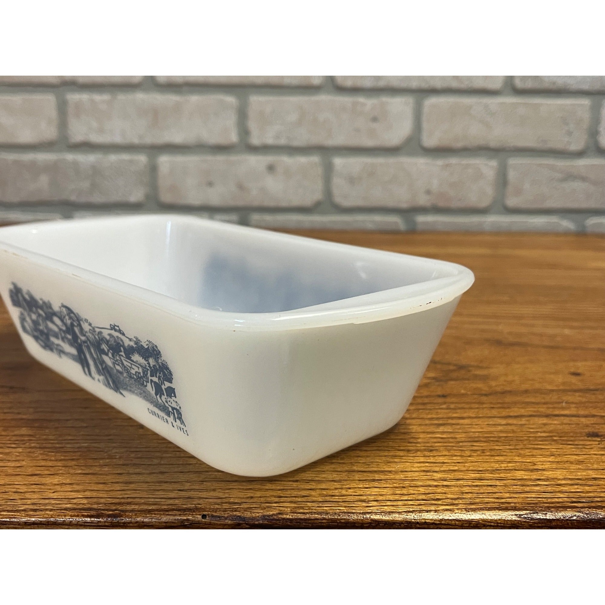 Vintage Currier & Ives Rectangular Baking Dish Loaf Pan Harvest Farm Scene Glasbake USA Milk Glass Ovenware Casserole