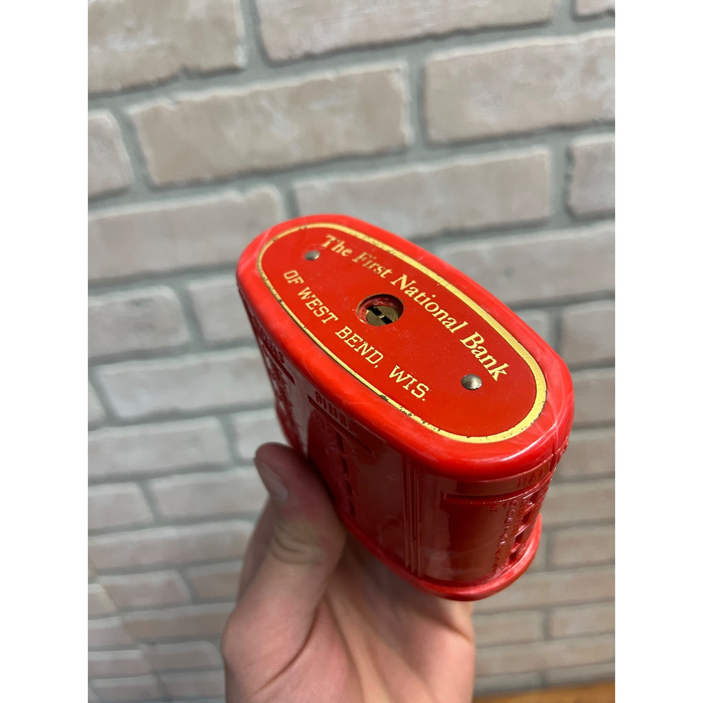 Vintage First National Bank West Bend Wisconsin Red Bakelite? Coin Bank - No Key