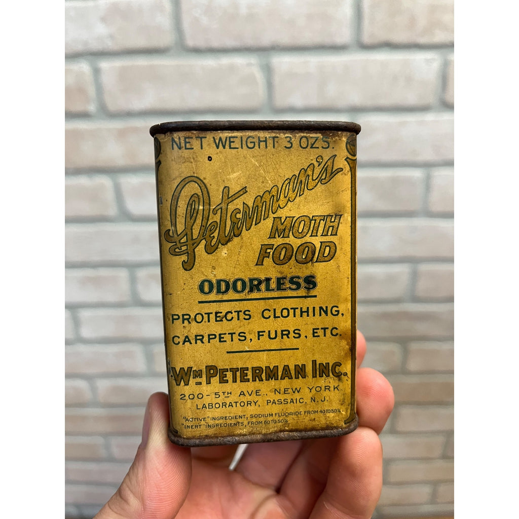 Antique 1920s Peterman's Moth Food Tin Wm Peterman New York Passaic NJ Can