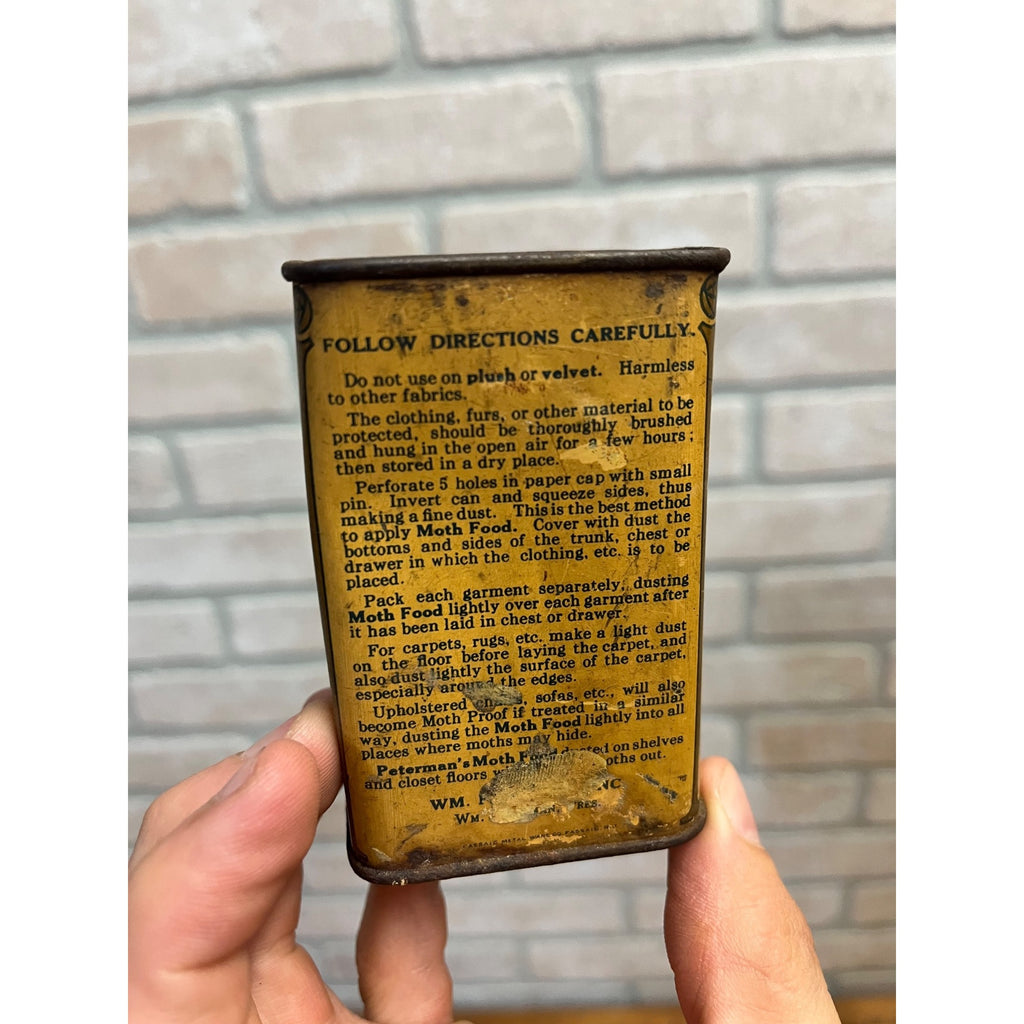 Antique 1920s Peterman's Moth Food Tin Wm Peterman New York Passaic NJ Can