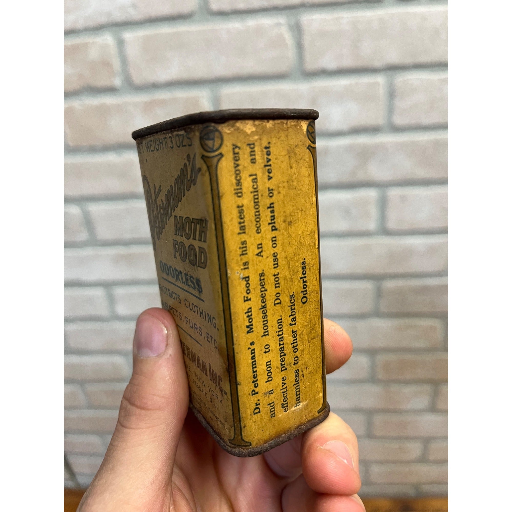 Antique 1920s Peterman's Moth Food Tin Wm Peterman New York Passaic NJ Can