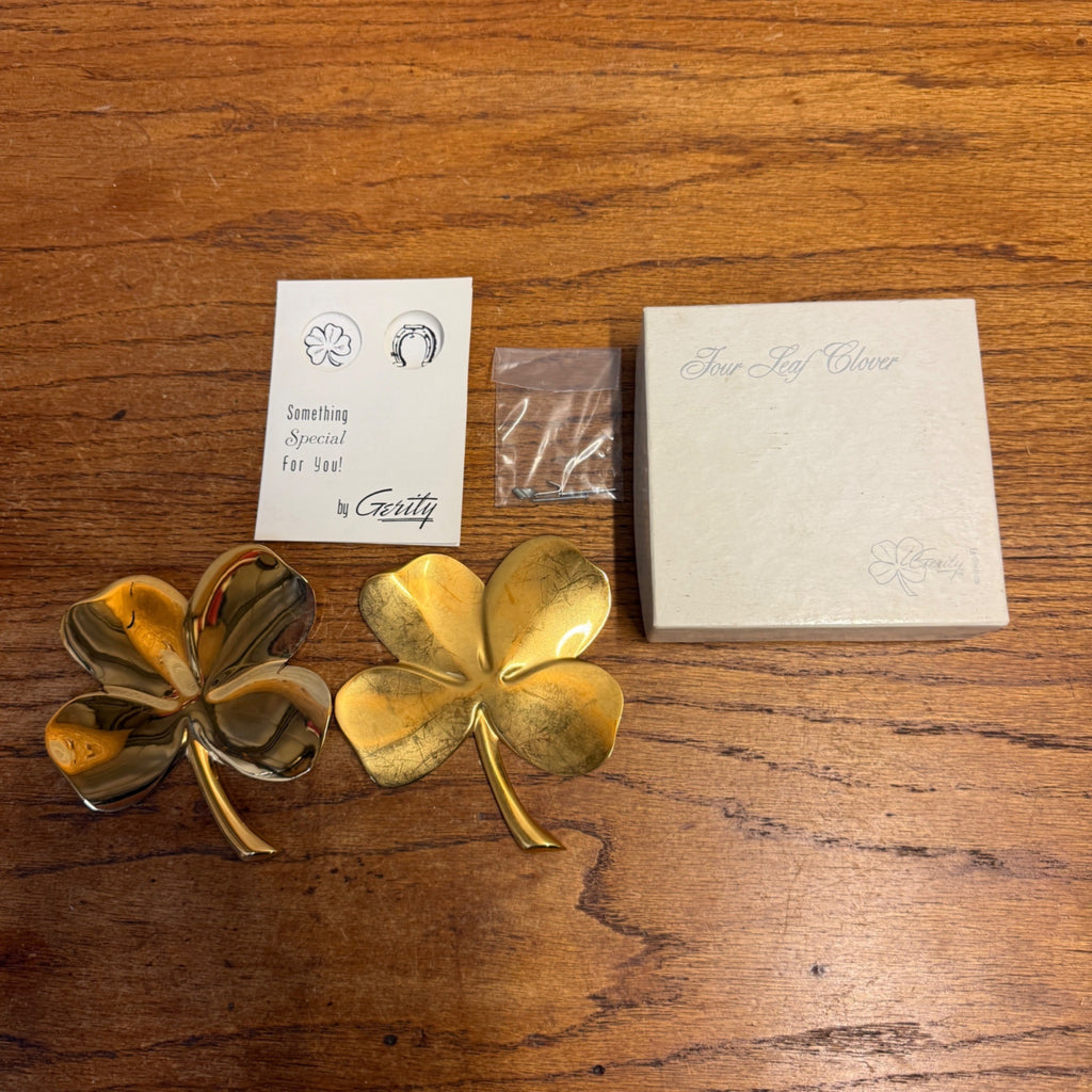 Vintage 24 Carat Gold Electroplated Four Leaf Clover Wall Hanging Set Gerity Products Inc. Toledo, Ohio 1982 Religious Luck Charm