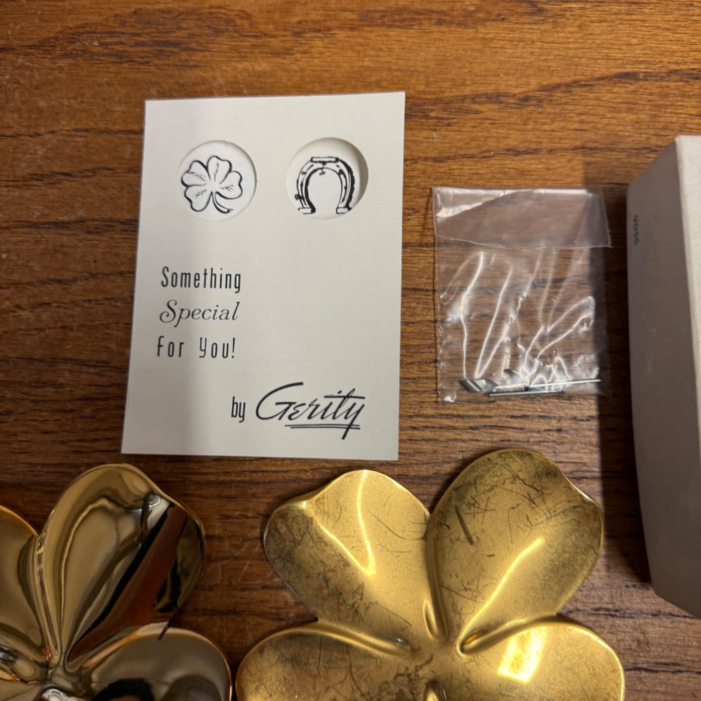 Vintage 24 Carat Gold Electroplated Four Leaf Clover Wall Hanging Set Gerity Products Inc. Toledo, Ohio 1982 Religious Luck Charm