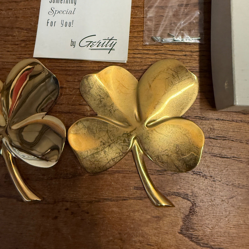 Vintage 24 Carat Gold Electroplated Four Leaf Clover Wall Hanging Set Gerity Products Inc. Toledo, Ohio 1982 Religious Luck Charm