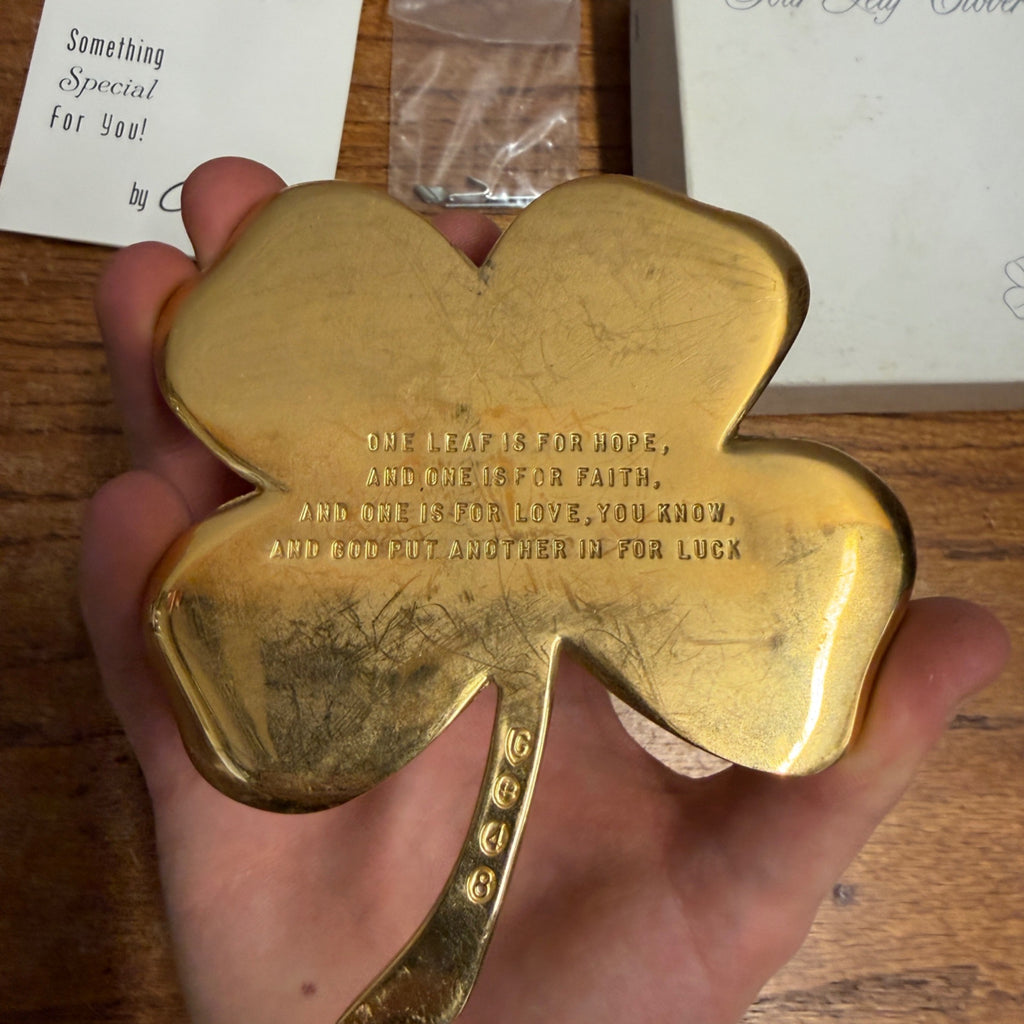 Vintage 24 Carat Gold Electroplated Four Leaf Clover Wall Hanging Set Gerity Products Inc. Toledo, Ohio 1982 Religious Luck Charm