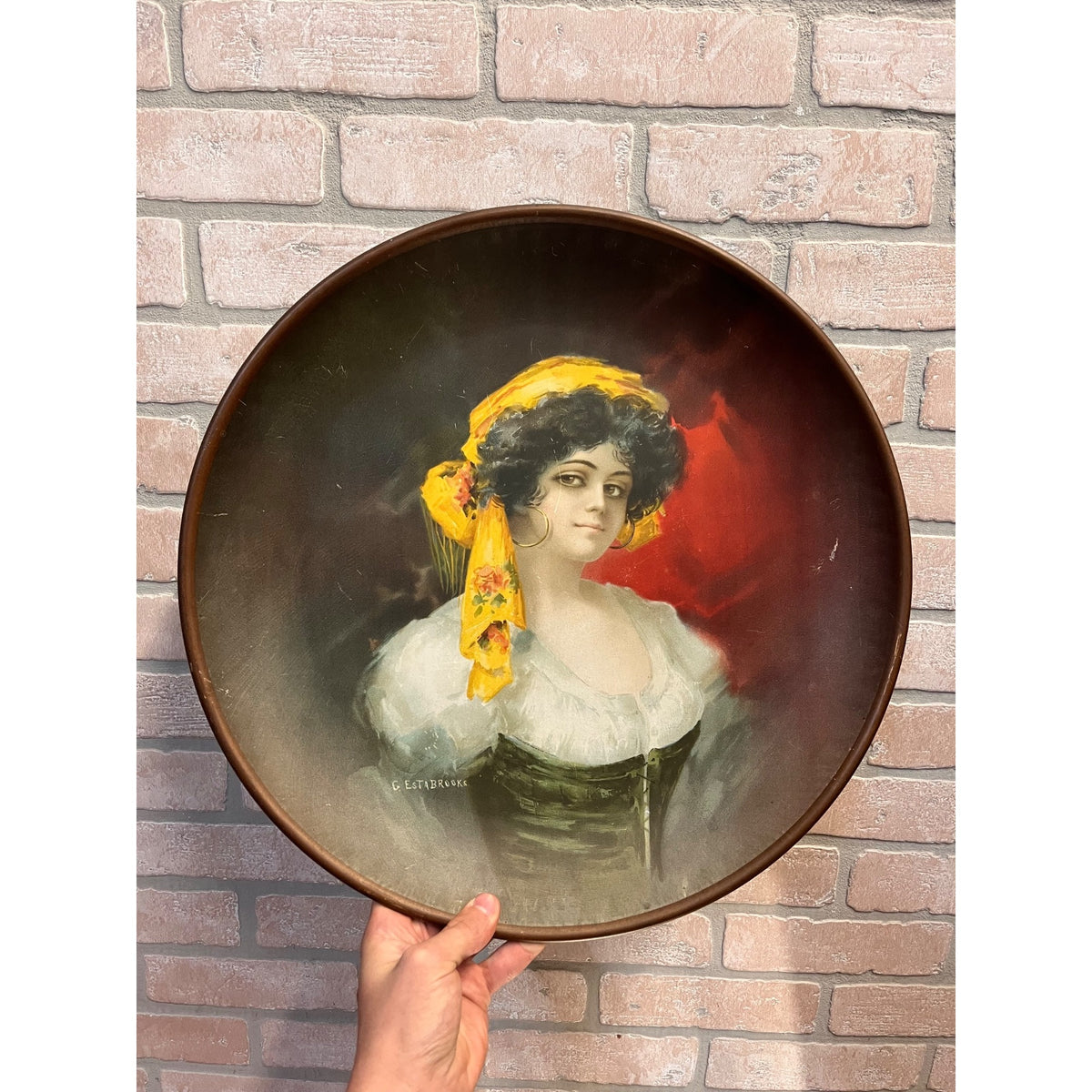 Vintage 1900s Gypsy Woman HUGE 17" Charger Beer Tray G. Estabrooks Bohemian Decor