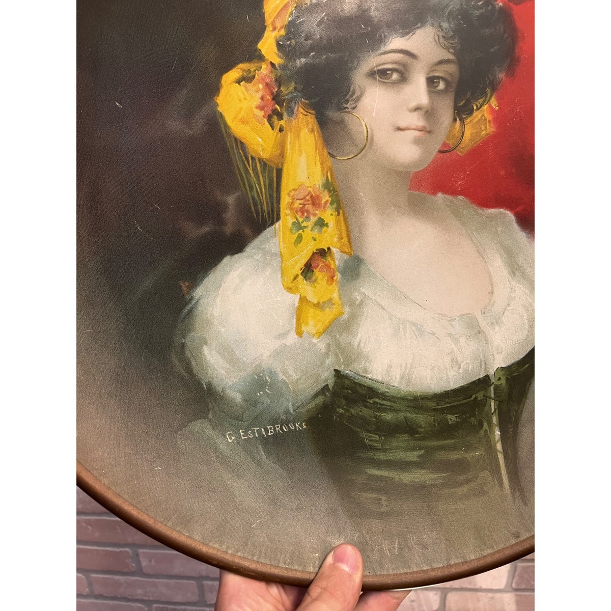 Vintage 1900s Gypsy Woman HUGE 17" Charger Beer Tray G. Estabrooks Bohemian Decor