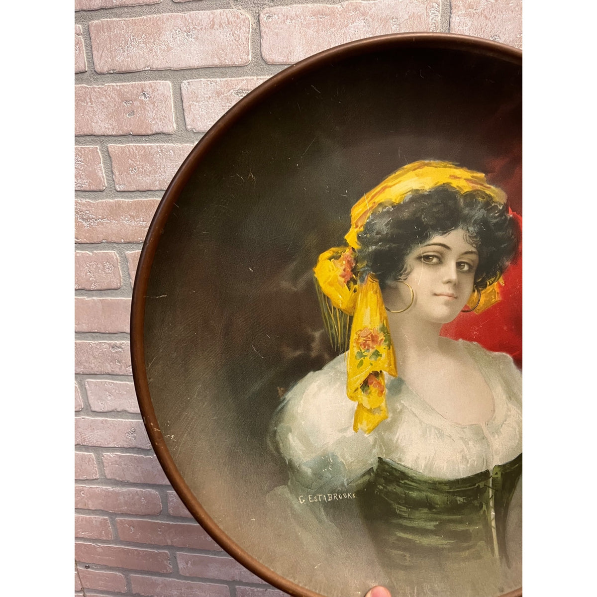 Vintage 1900s Gypsy Woman HUGE 17" Charger Beer Tray G. Estabrooks Bohemian Decor