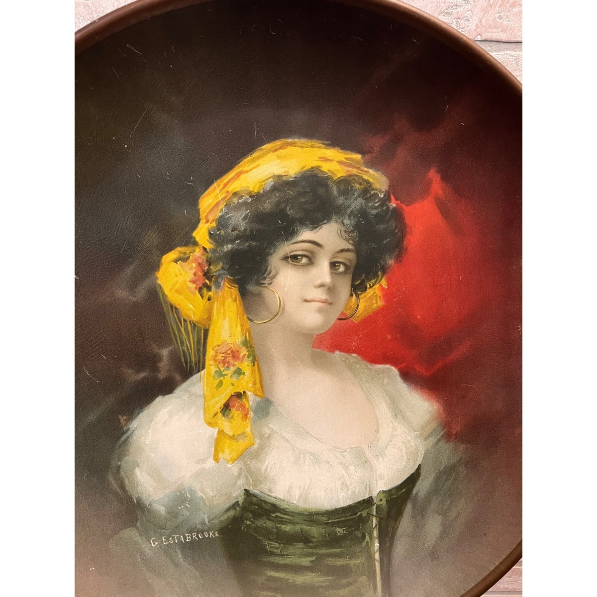 Vintage 1900s Gypsy Woman HUGE 17" Charger Beer Tray G. Estabrooks Bohemian Decor