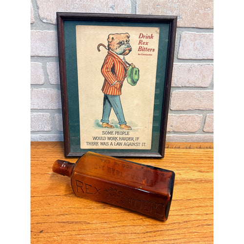 Antique 1890s Rex Bitters Blood Purifier Quack Medicine Amber Bottle & Sign