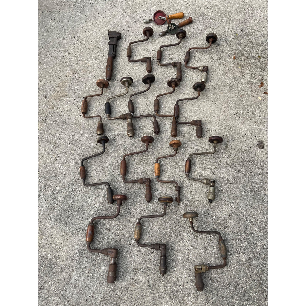 Antique Vintage Huge Lot Auger Bit Brace Hand Drills, Egg Beater Drills, Wrench