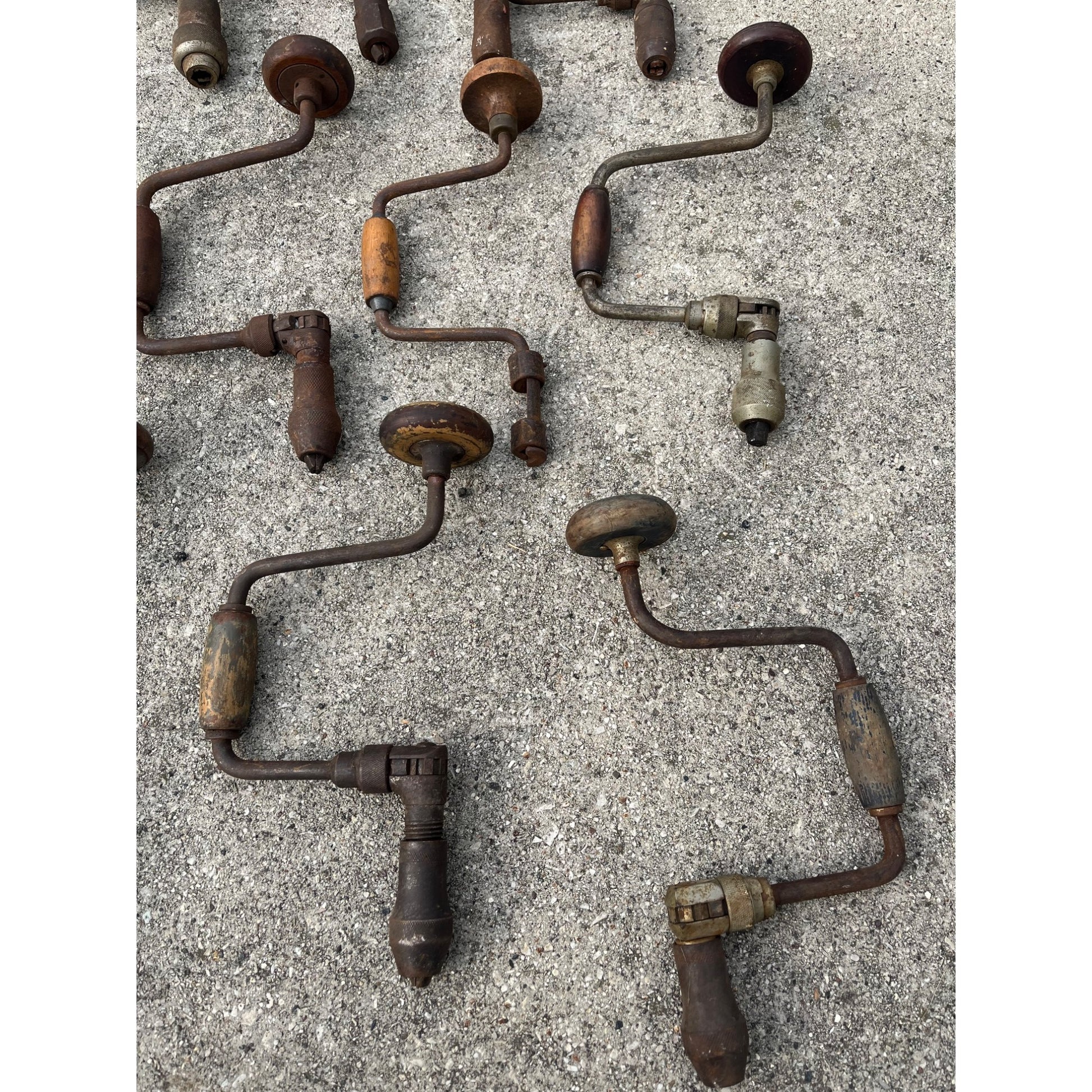 Antique Vintage Huge Lot Auger Bit Brace Hand Drills, Egg Beater Drills, Wrench