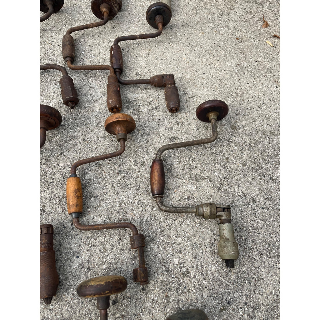 Antique Vintage Huge Lot Auger Bit Brace Hand Drills, Egg Beater Drills, Wrench