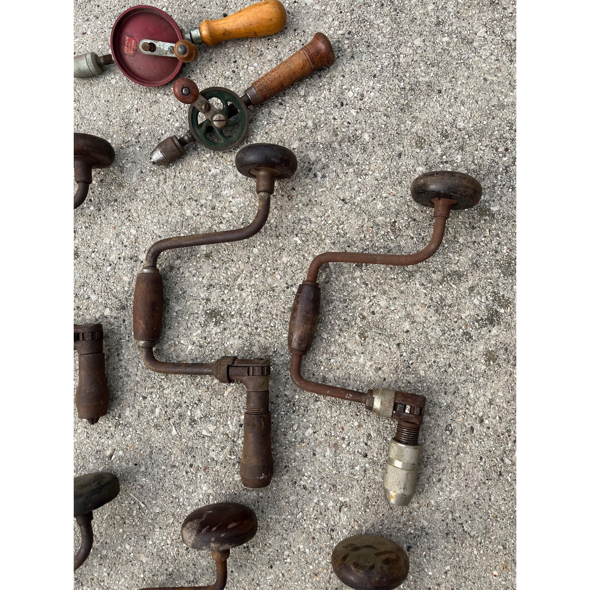 Antique Vintage Huge Lot Auger Bit Brace Hand Drills, Egg Beater Drills, Wrench