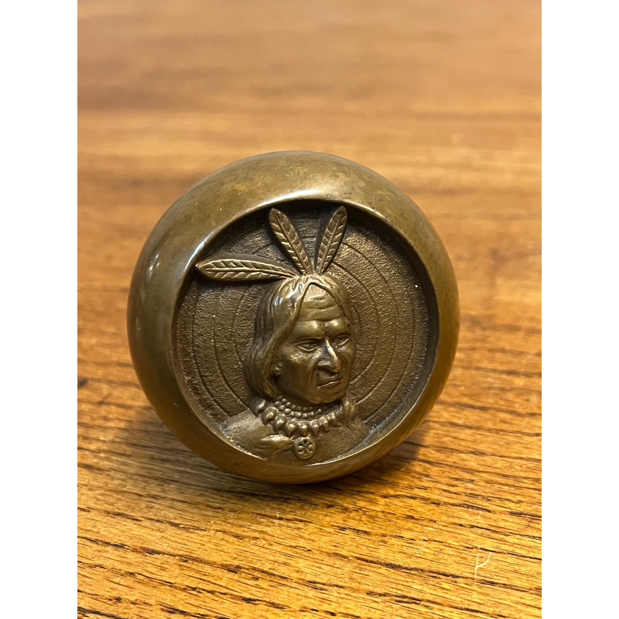 Antique Three Feather Indian Bronze Doorknob Reading Improved Order of Red Men