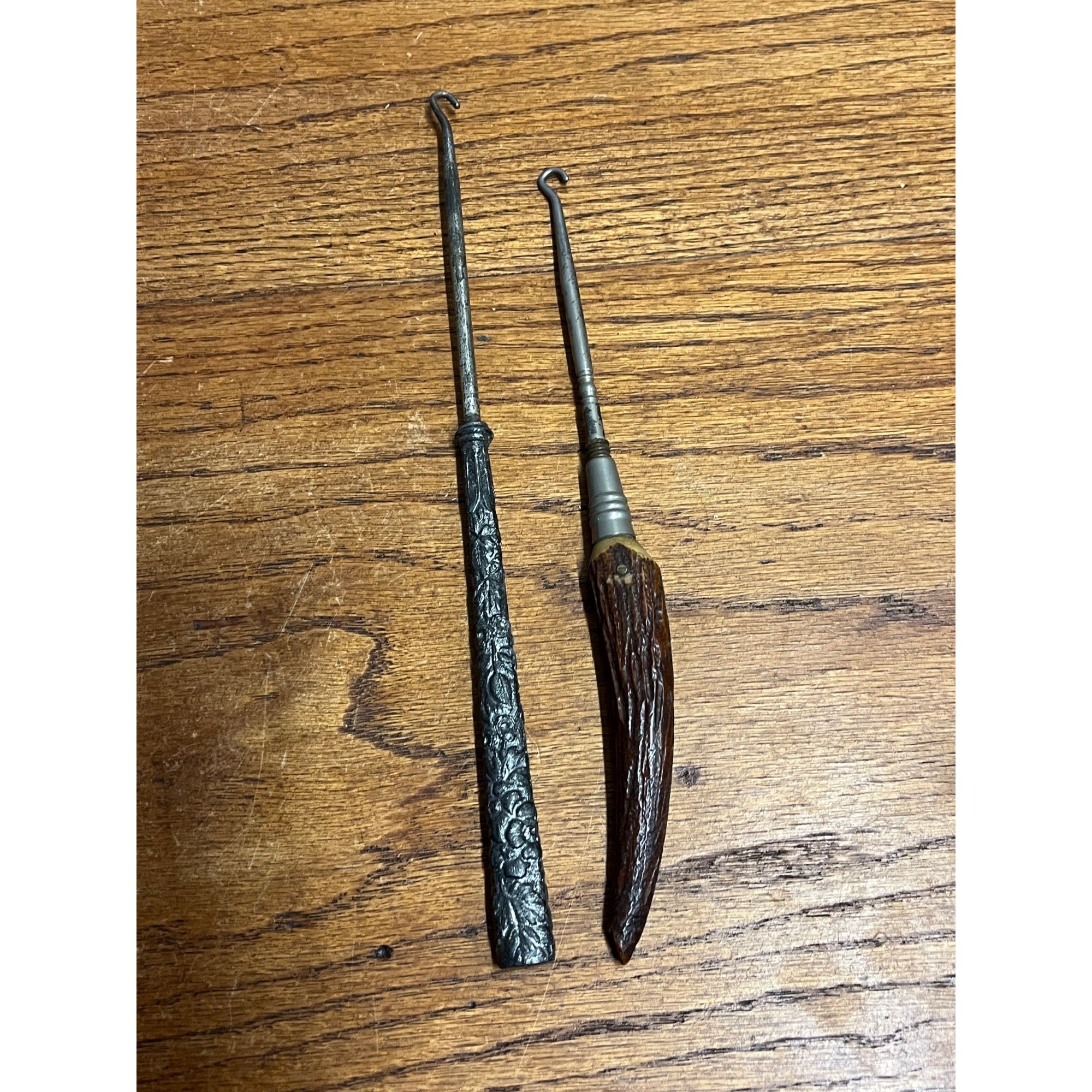 Antique Vintage Shoe Button Hooks Stag Antler Handle & Floral Silver Plated