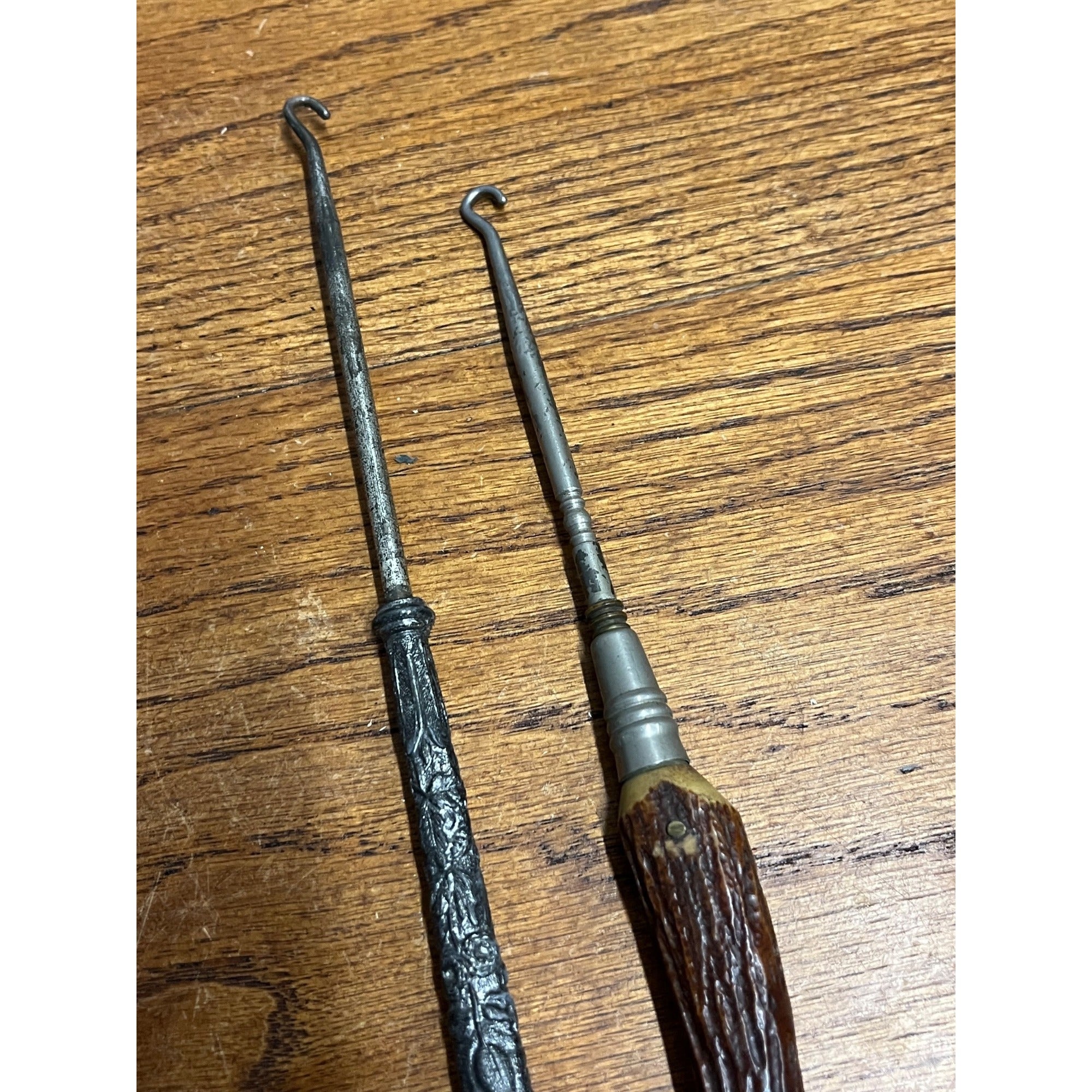 Antique Vintage Shoe Button Hooks Stag Antler Handle & Floral Silver Plated