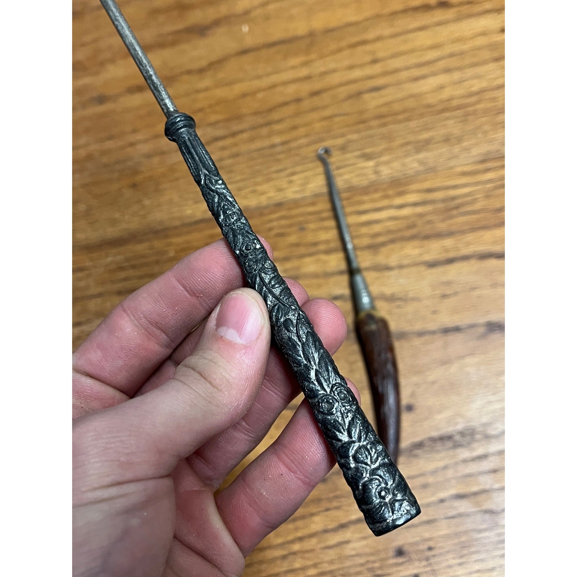 Antique Vintage Shoe Button Hooks Stag Antler Handle & Floral Silver Plated