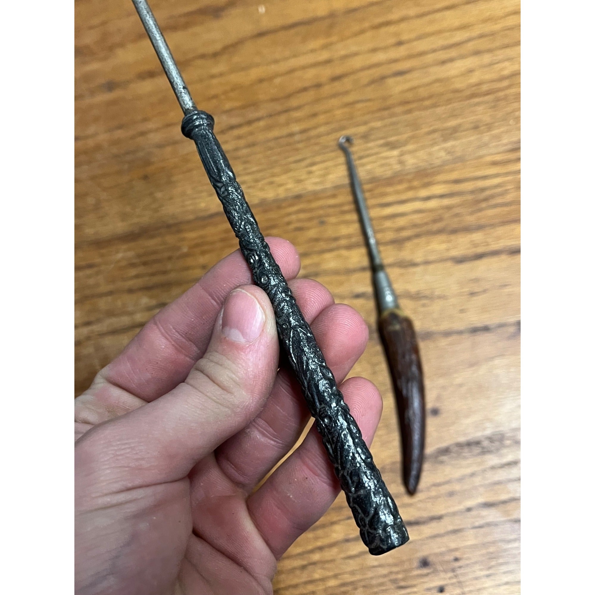 Antique Vintage Shoe Button Hooks Stag Antler Handle & Floral Silver Plated