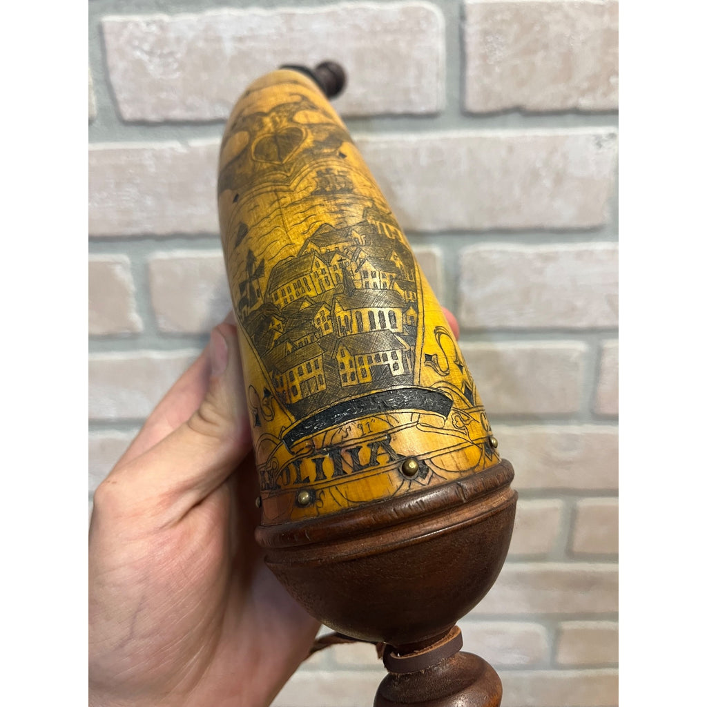 Antique 19th c. Scrimshaw Carved Powder Horn Charleston South Carolina Folk Art