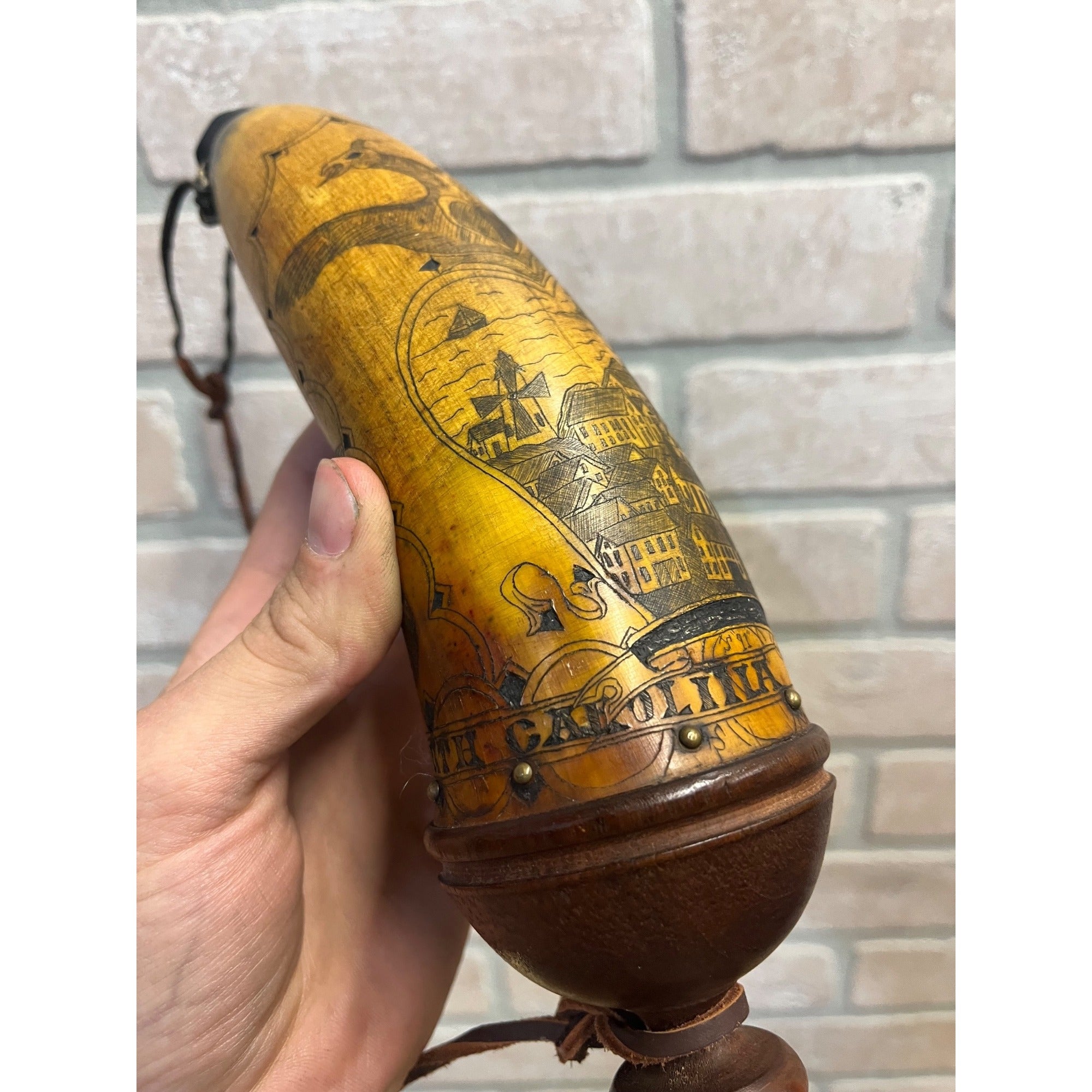 Antique 19th c. Scrimshaw Carved Powder Horn Charleston South Carolina Folk Art