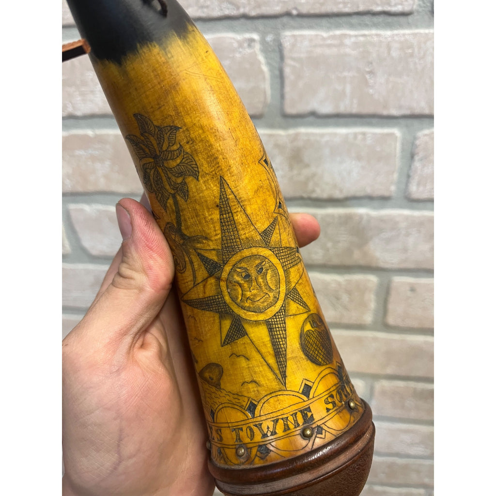 Antique 19th c. Scrimshaw Carved Powder Horn Charleston South Carolina Folk Art