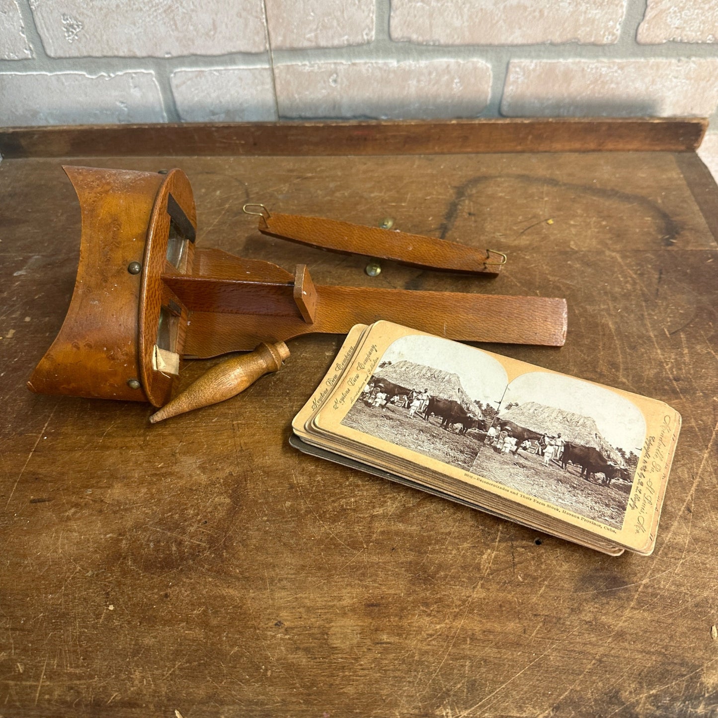 Antique c1880s Stereoscope Card Viewer w/ 11 Photo Cards - Wood