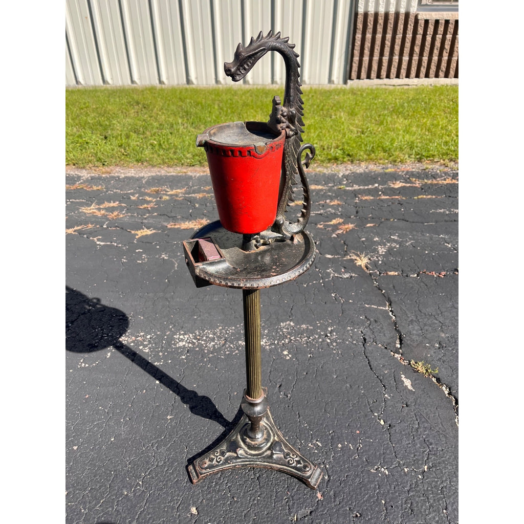 Antique 1920s Scroll Art Co Cast Iron Original Red Color Dragon Standing Ashtray
