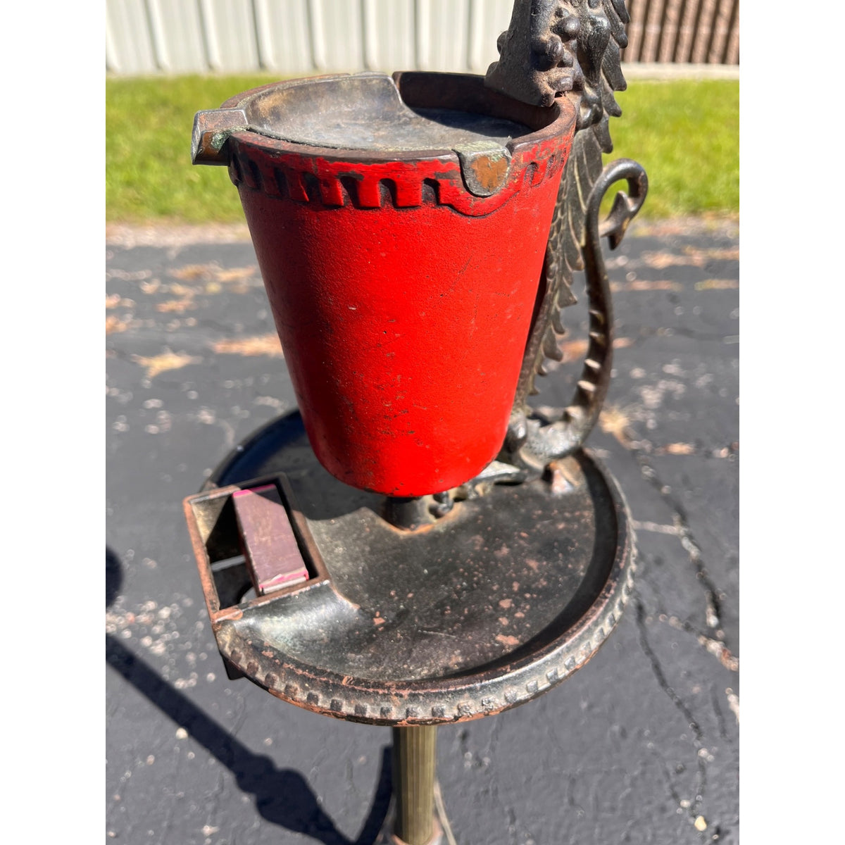 Antique 1920s Scroll Art Co Cast Iron Original Red Color Dragon Standing Ashtray