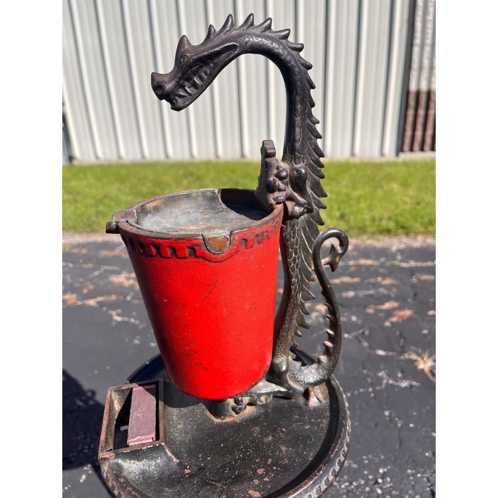 Antique 1920s Scroll Art Co Cast Iron Original Red Color Dragon Standing Ashtray