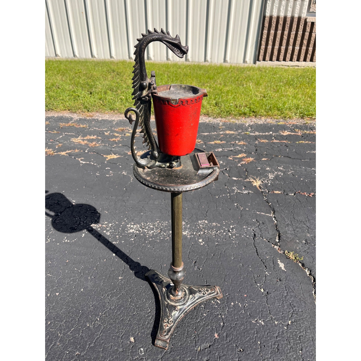 Antique 1920s Scroll Art Co Cast Iron Original Red Color Dragon Standing Ashtray