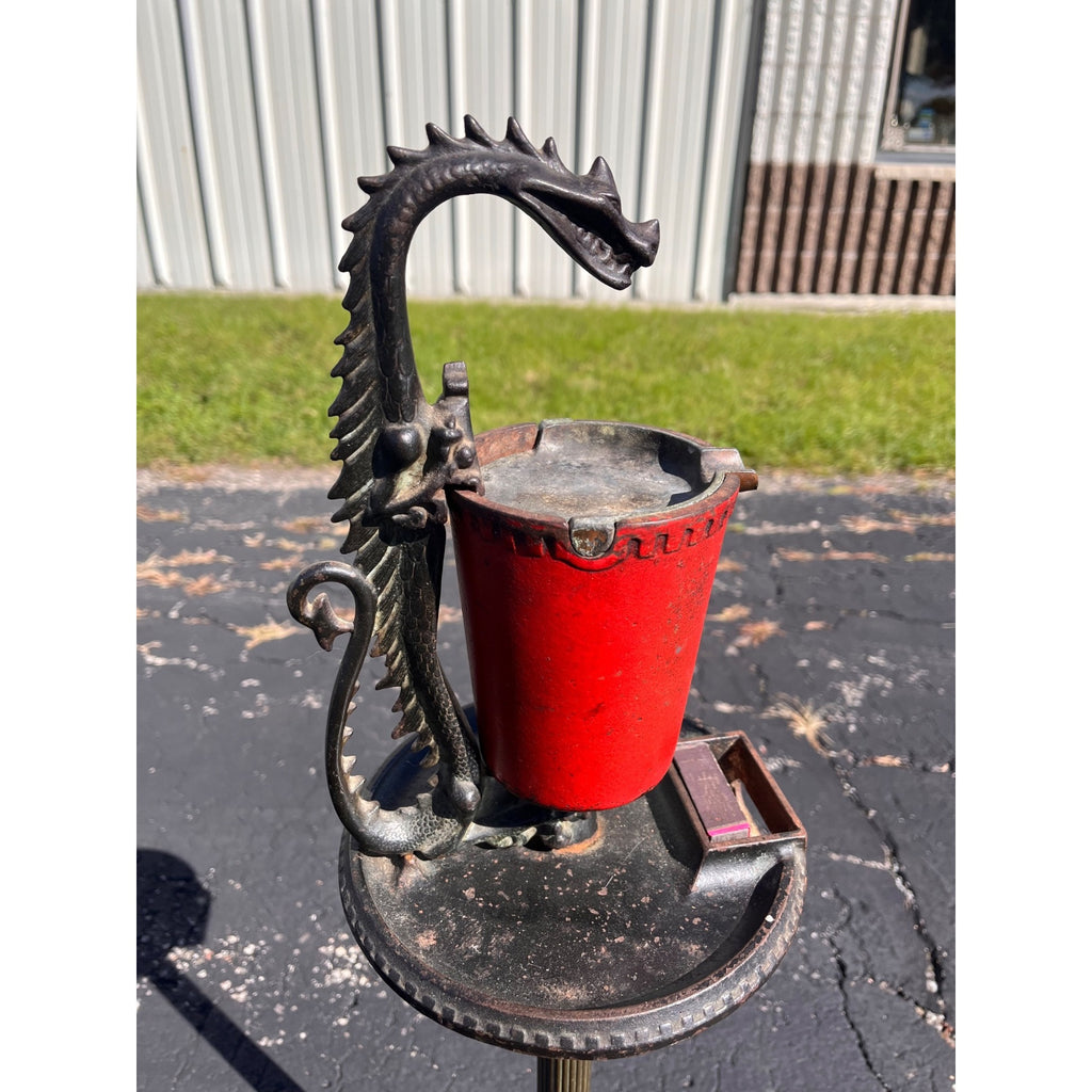Antique 1920s Scroll Art Co Cast Iron Original Red Color Dragon Standing Ashtray