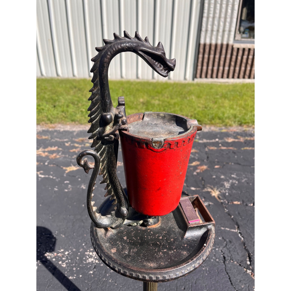 Antique 1920s Scroll Art Co Cast Iron Original Red Color Dragon Standing Ashtray