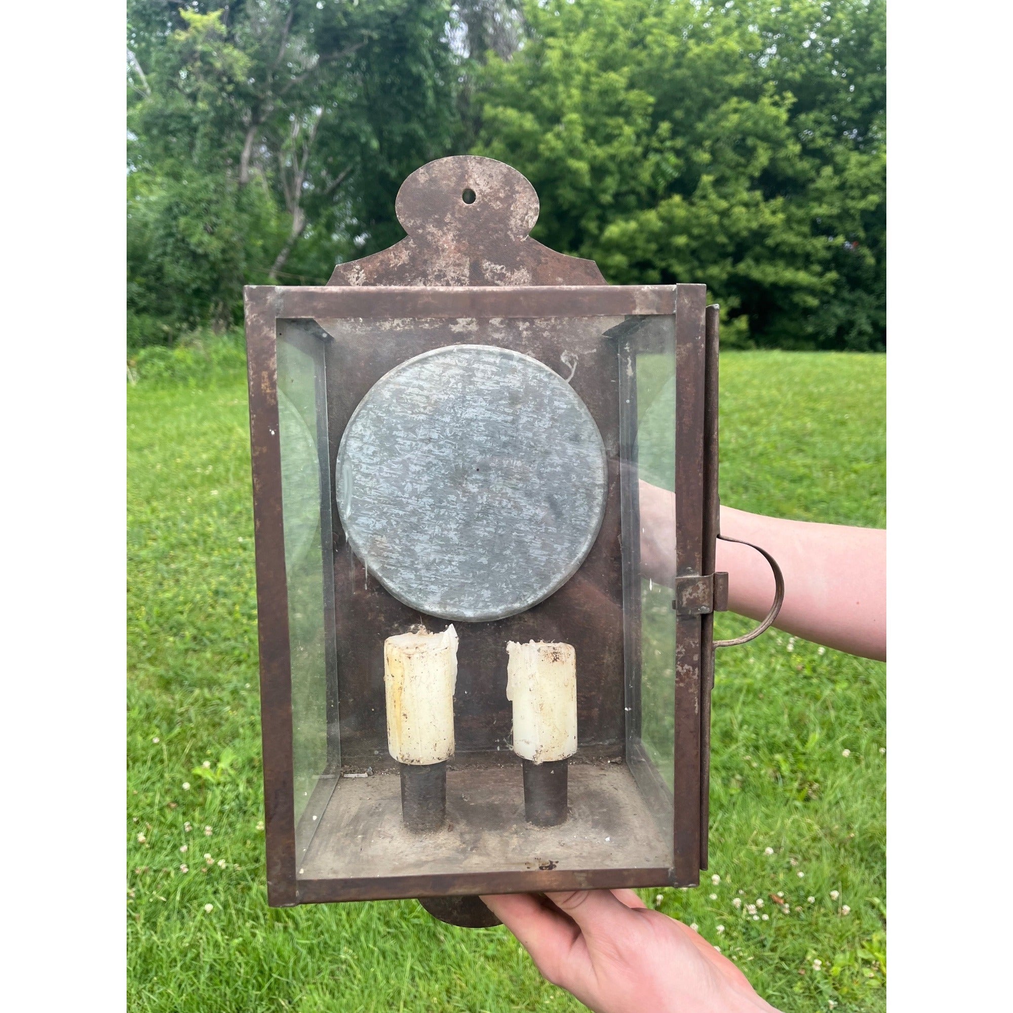 Antique 19th c. Primitive Tin Wall Lantern Candle Sconce Farmhouse Lighting