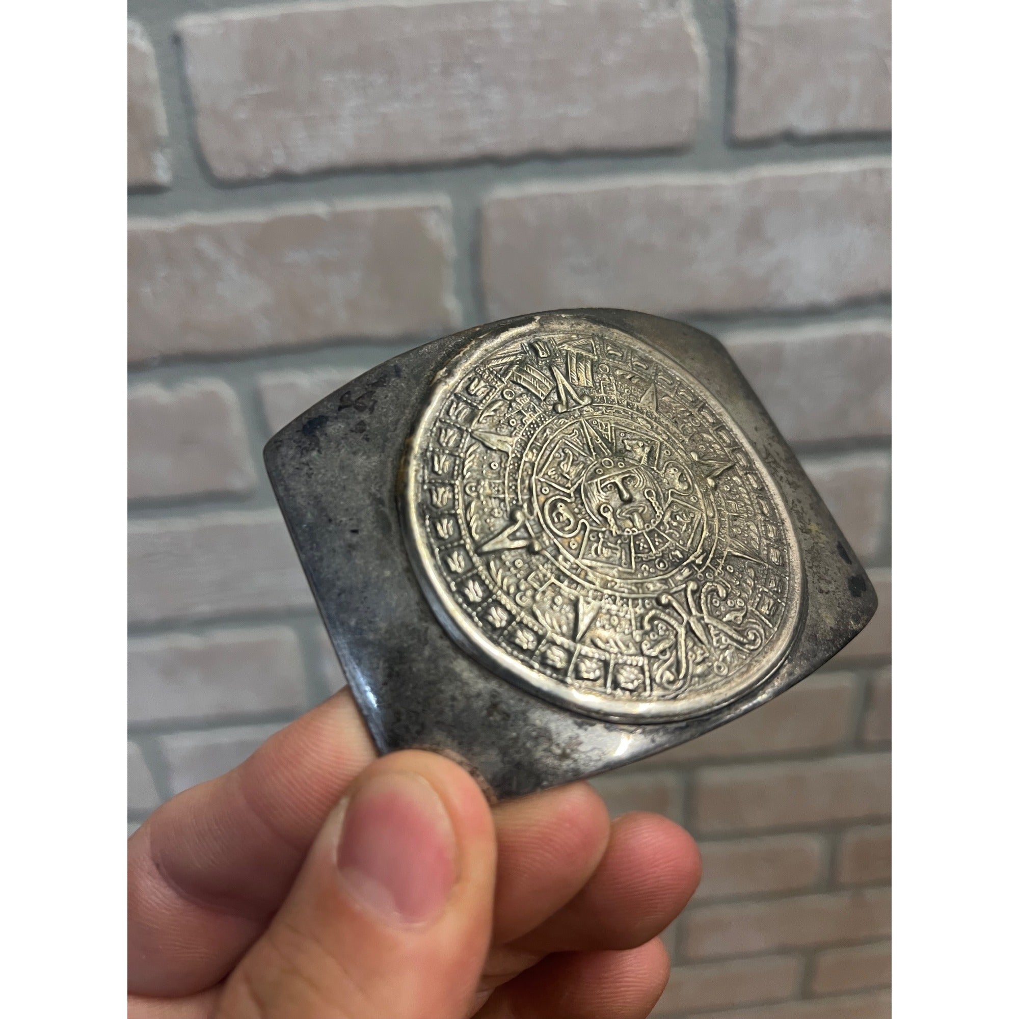 Sterling Silver .925 Mexican Mayan Calendar Belt Buckle 56.55 g Grams